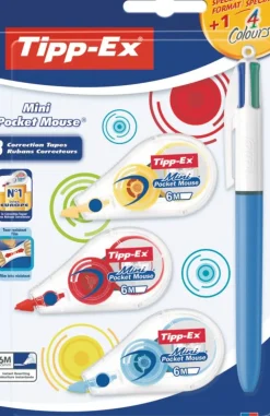 Fita Corret Mini Pocket Mouse+Esferográfica 4Cores