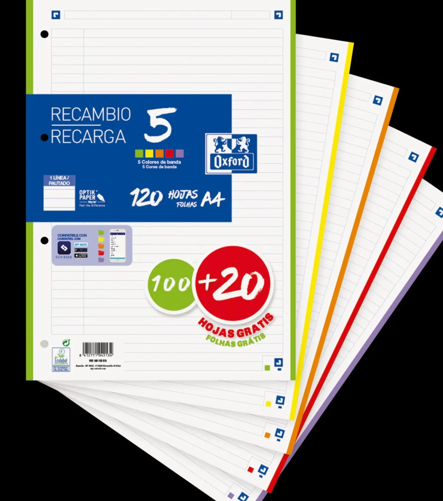 Recarga A4 100+20Folhas 90G Pautado 5 Cores