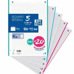 Recarga A4 100+20 folhas 90g Quadriculado 5 Cores Pastel